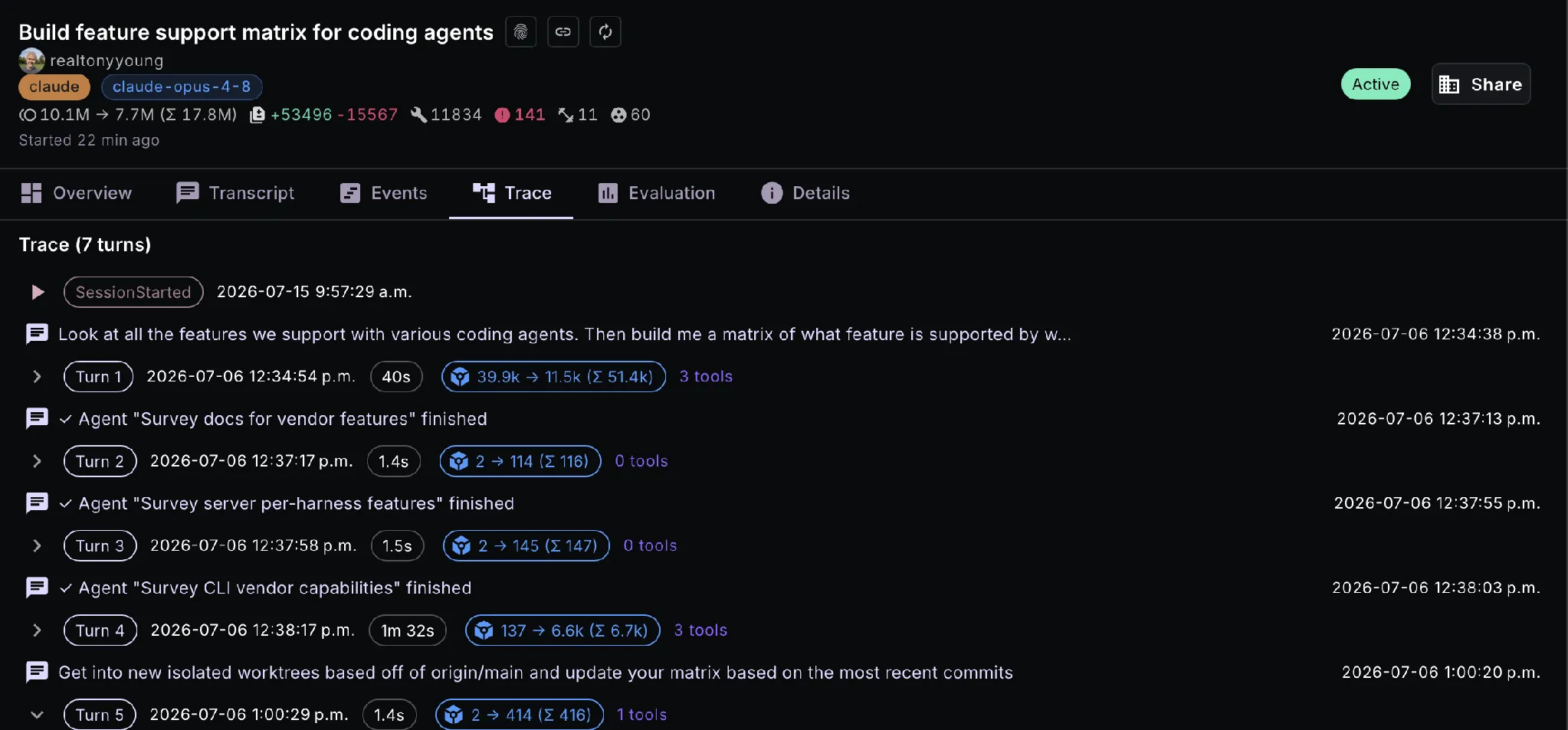 The Capacitor dashboard showing the interrupted Claude session "Build feature support matrix for coding agents": 17.8M cumulative tokens, +53,496/−15,567 lines changed, 11,834 tool calls, marked Active, with a seven-turn trace.
